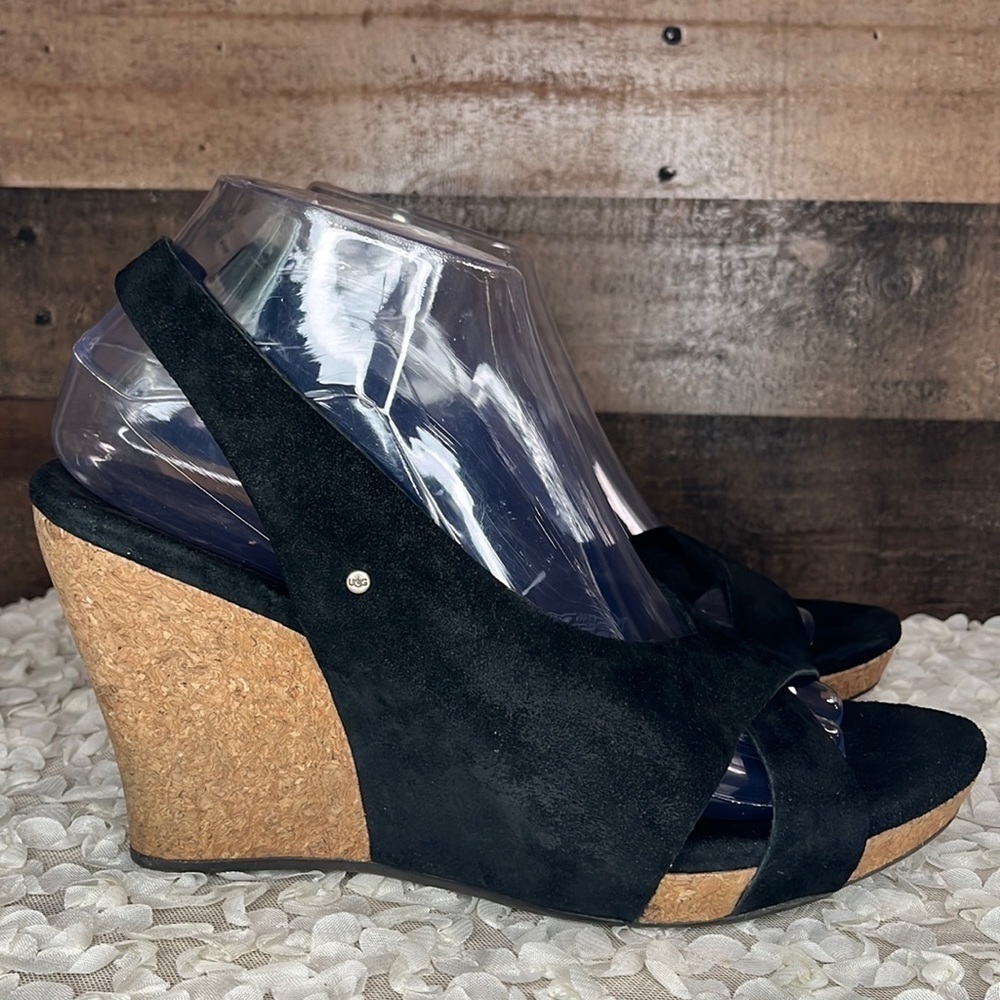 UGG BLACK SLINGBACK OPEN TOE SUEDE WEDGES Size 8